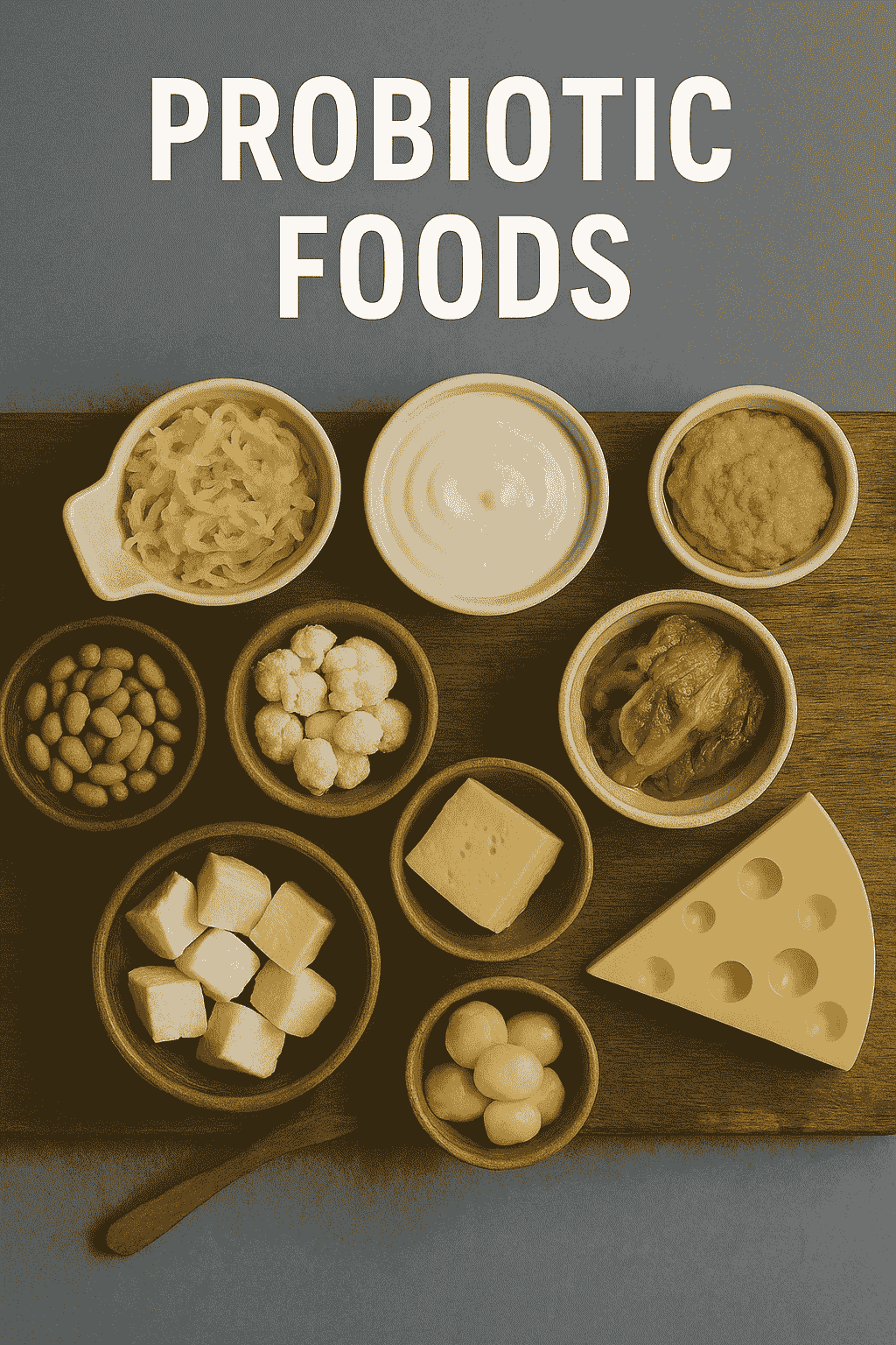 Probiotic foods on rustic table with health text