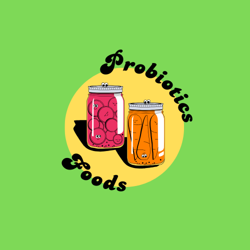 Cartoon food logo with "Probiotics Foods" and pickle jars in the center.
