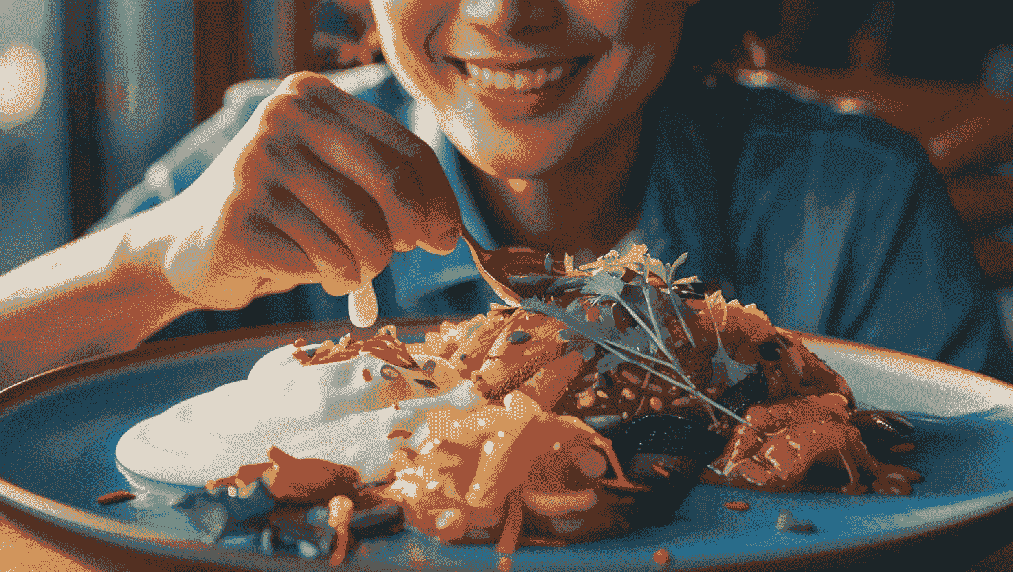 Woman smiling while eating a colorful gourmet probiotic dish
