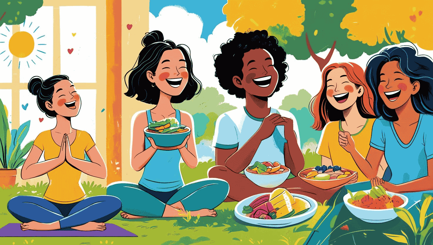 Friends laughing and enjoying healthy probiotic food